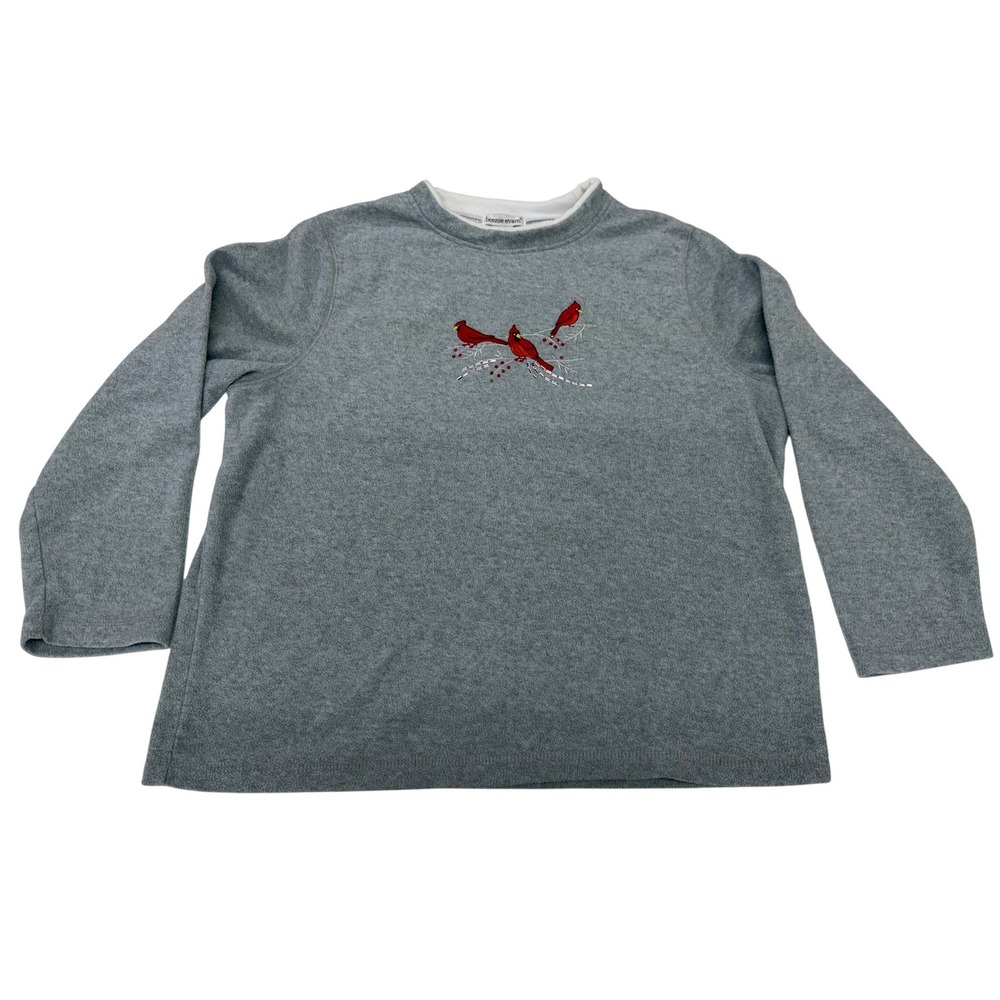 Bonnie Evans Sweatshirt Gray Cardinal Bird Embroidered Fleece Pullover Lg Women
